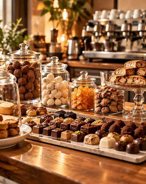 Banco di un negozio con confetteria e biscotti in vetrina