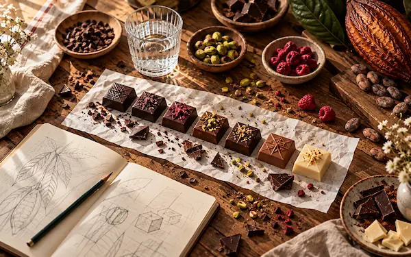 Assaggio e selezione di cioccolato su un tavolo di lavoro
