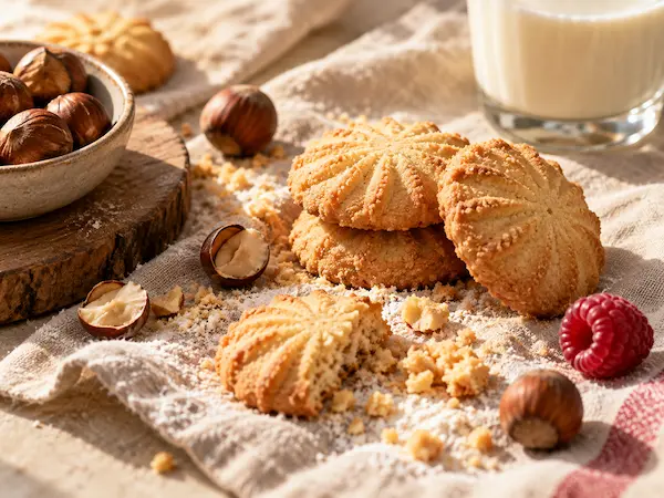 Frollini e nocciole su un piano di lavoro