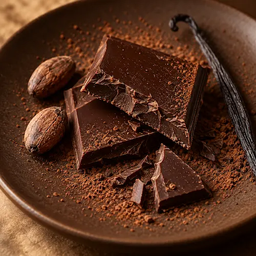 Dettaglio di cacao in polvere e tavoletta spezzata